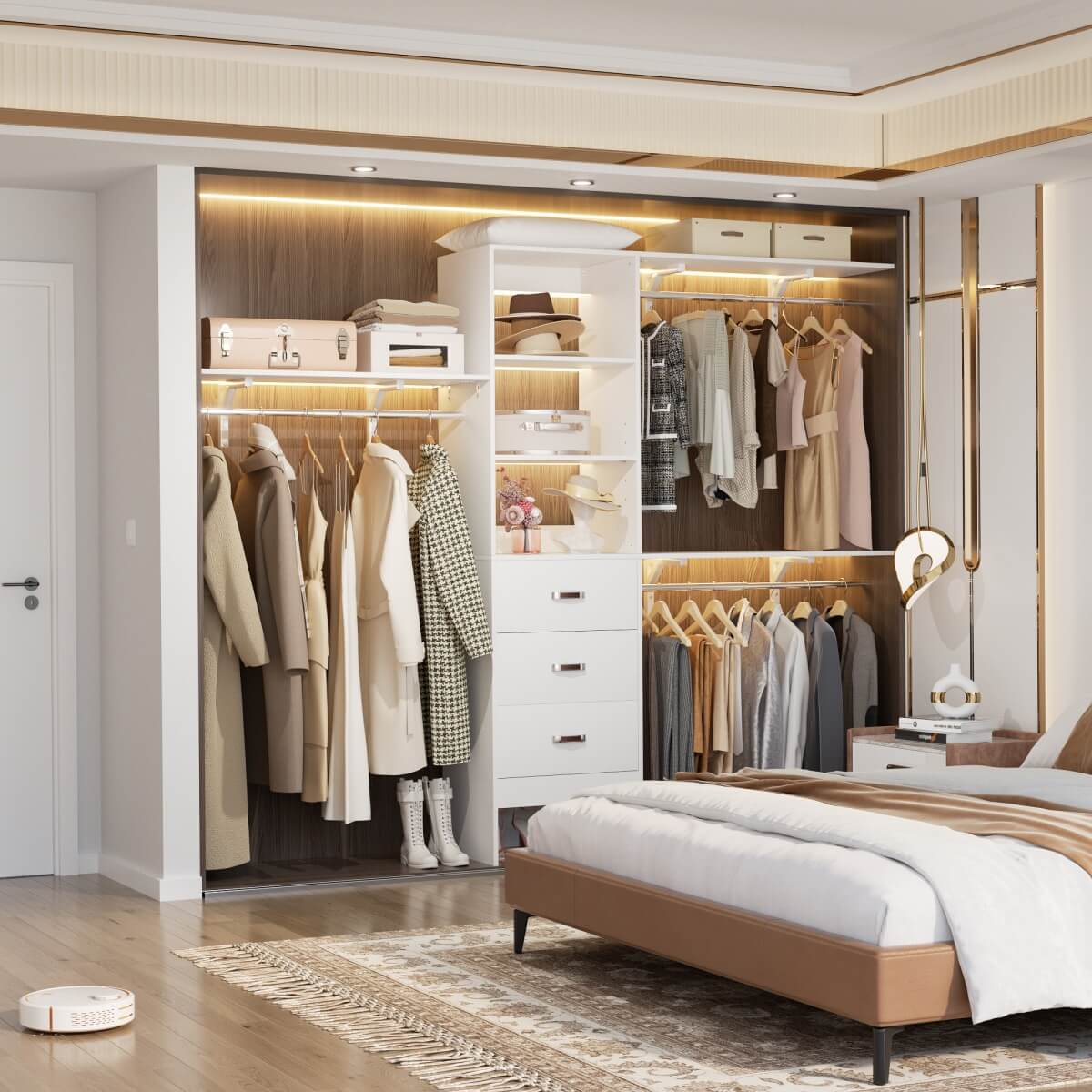 8FT Walk In Closet Organizer System with 3 Drawers, Hanging Rods, and Shelving Towers, Max Load 1000 LBS