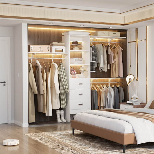 8FT Walk In Closet Organizer System with 3 Drawers, Hanging Rods, and Shelving Towers, Max Load 1000 LBS