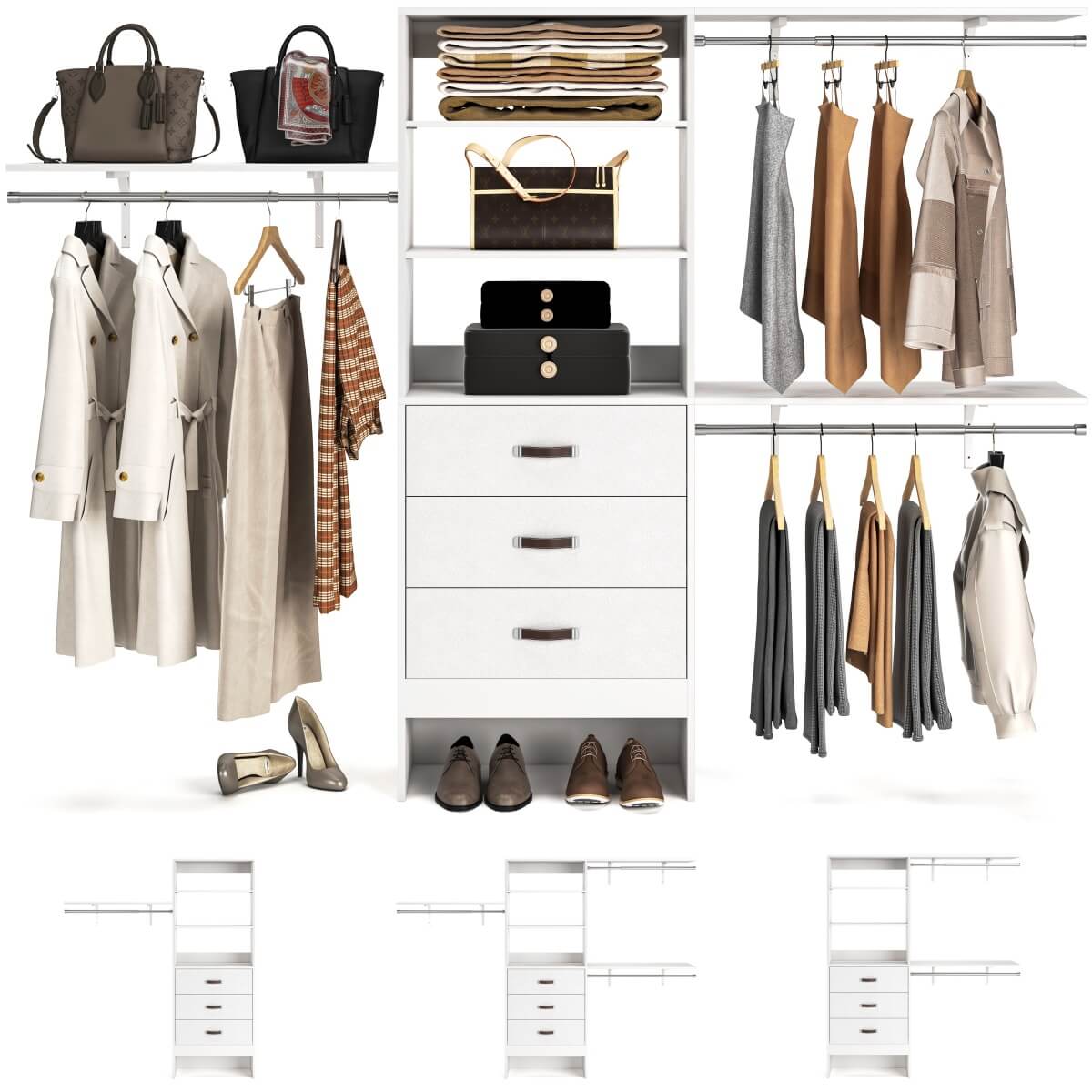 8FT Walk In Closet Organizer System with 3 Drawers, Hanging Rods, and Shelving Towers, Max Load 1000 LBS