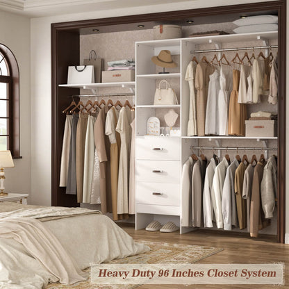 8FT Walk In Closet Organizer System with 3 Drawers, Hanging Rods, and Shelving Towers, Max Load 1000 LBS