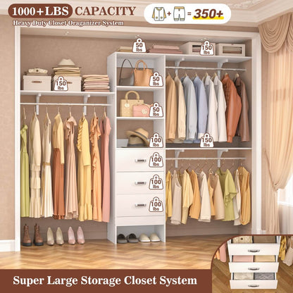 8FT Walk In Closet Organizer System with 3 Drawers, Hanging Rods, and Shelving Towers, Max Load 1000 LBS
