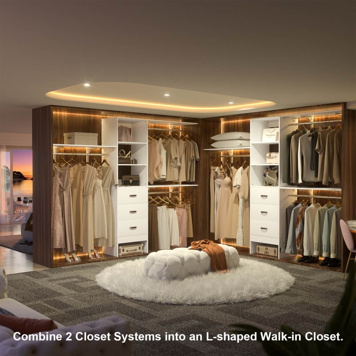 8FT Walk In Closet Organizer System with 3 Drawers, Hanging Rods, and Shelving Towers, Max Load 1000 LBS