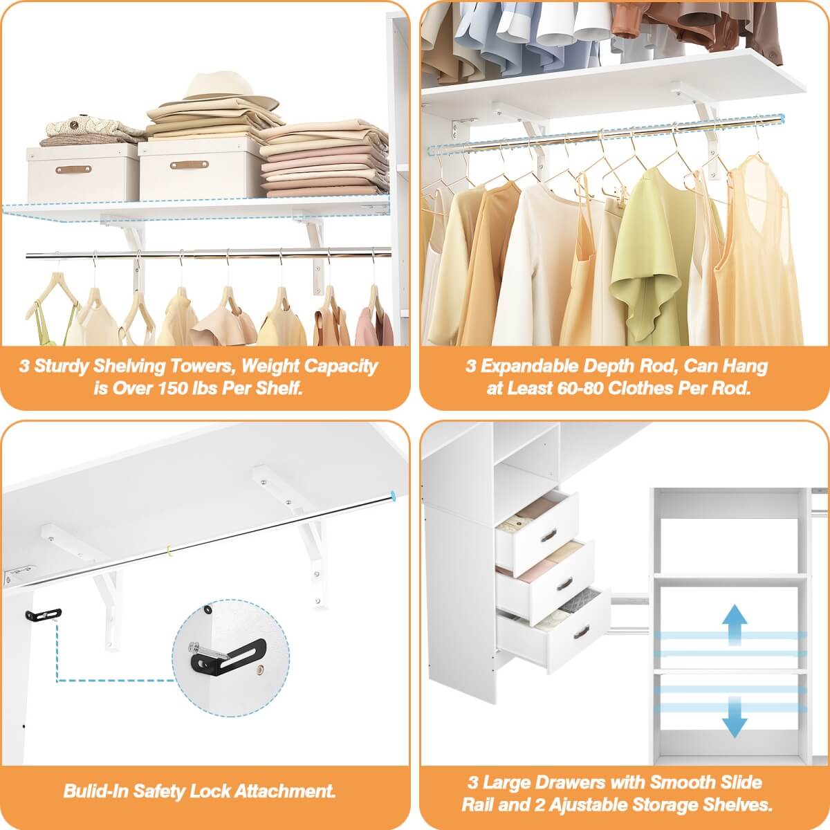 8FT Walk In Closet Organizer System with 3 Drawers, Hanging Rods, and Shelving Towers, Max Load 1000 LBS