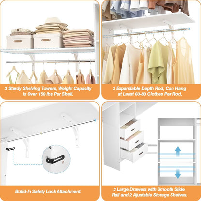8FT Walk In Closet Organizer System with 3 Drawers, Hanging Rods, and Shelving Towers, Max Load 1000 LBS