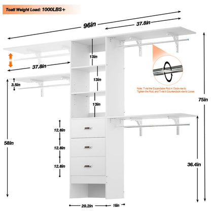 8FT Walk In Closet Organizer System with 3 Drawers, Hanging Rods, and Shelving Towers, Max Load 1000 LBS