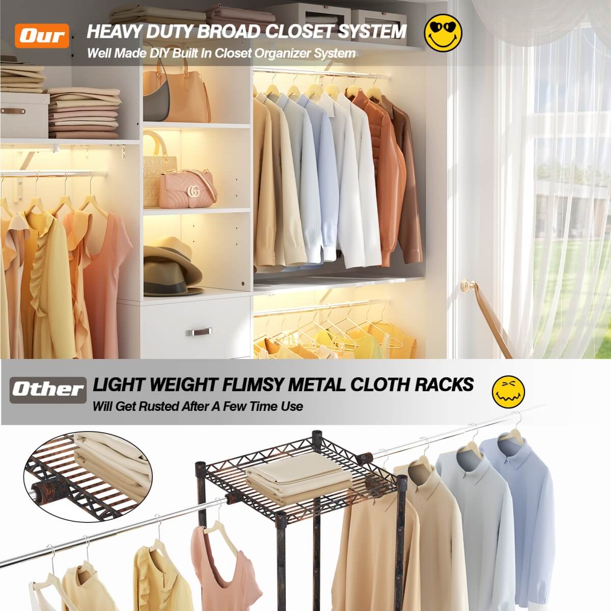 8FT Walk In Closet Organizer System with 3 Drawers, Hanging Rods, and Shelving Towers, Max Load 1000 LBS