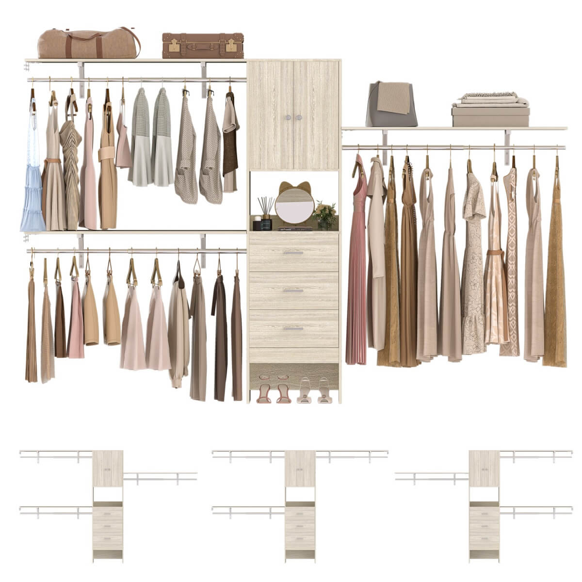 10FT Closet System with Drawers & Hanging Rods, 120'' Closet Organizer with Doors, Holds 1300 LBS