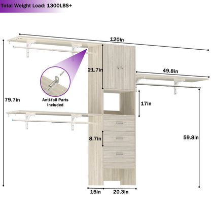 10FT Closet System with Drawers & Hanging Rods, 120'' Closet Organizer with Doors, Holds 1300 LBS