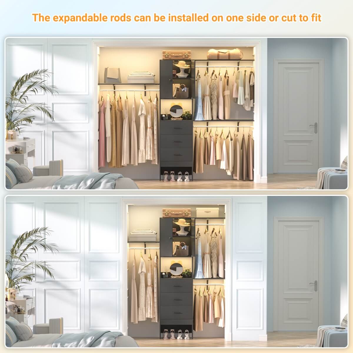 Upgraded 96 Inches Closet System, with Doors, Drawers, Hanging Rods, and Shelving Towers, Max Load 1000 LBS