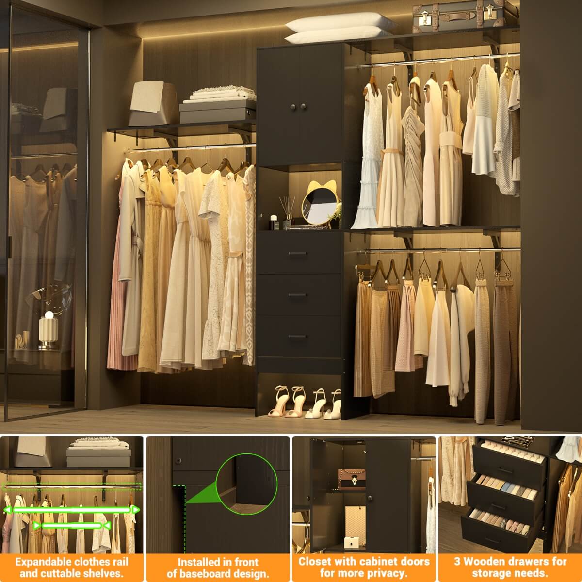 Upgraded 96 Inches Closet System, with Doors, Drawers, Hanging Rods, and Shelving Towers, Max Load 1000 LBS