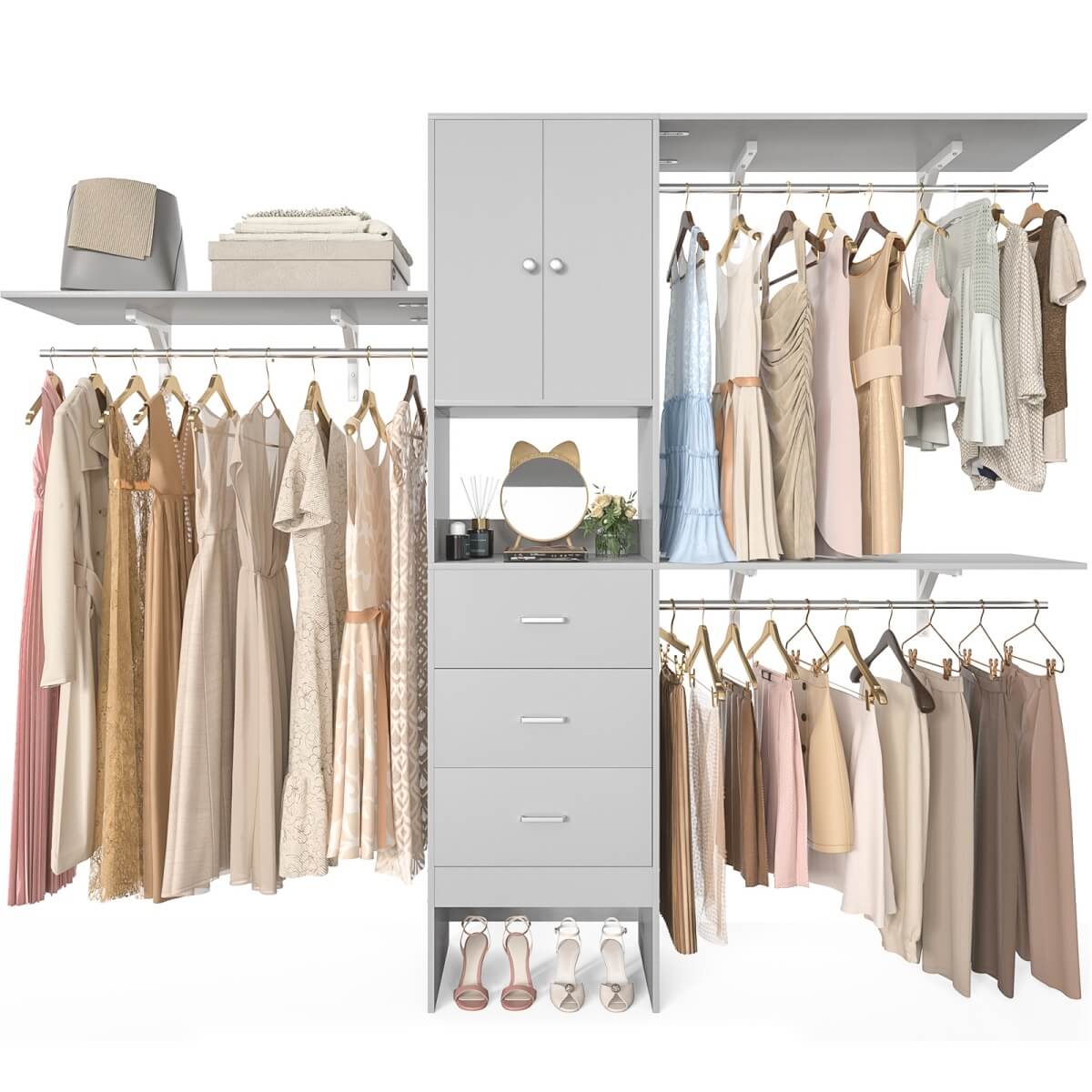 Upgraded 96 Inches Closet System, with Doors, Drawers, Hanging Rods, and Shelving Towers, Max Load 1000 LBS
