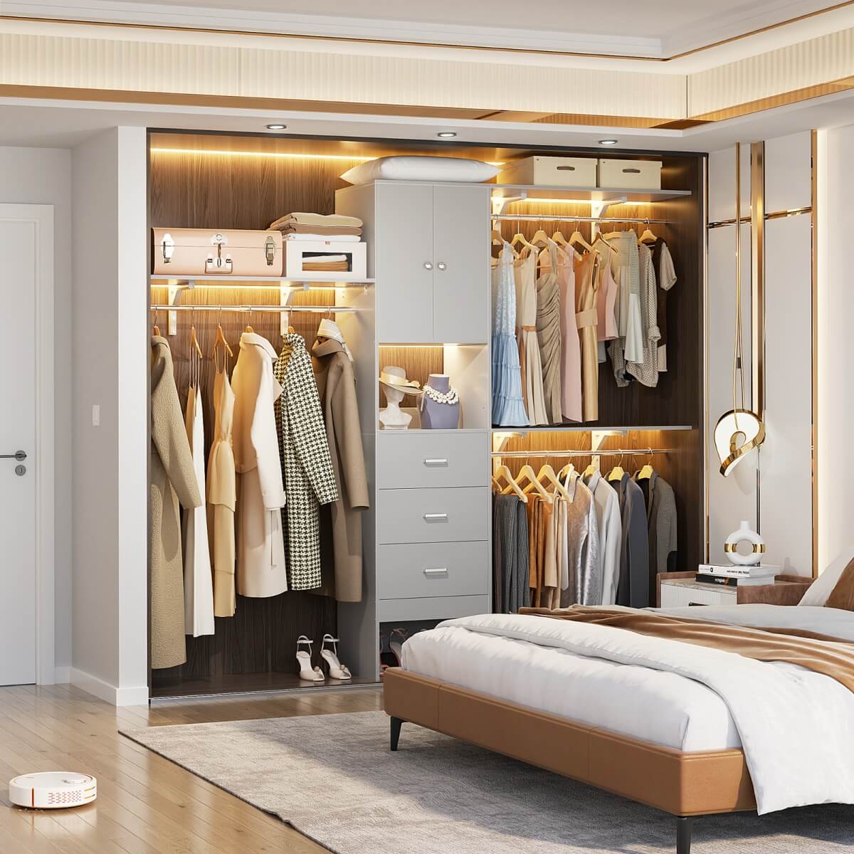 Upgraded 96 Inches Closet System, with Doors, Drawers, Hanging Rods, and Shelving Towers, Max Load 1000 LBS