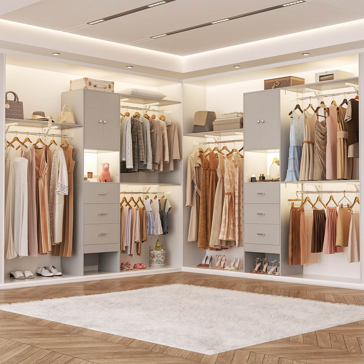 Upgraded 96 Inches Closet System, with Doors, Drawers, Hanging Rods, and Shelving Towers, Max Load 1000 LBS
