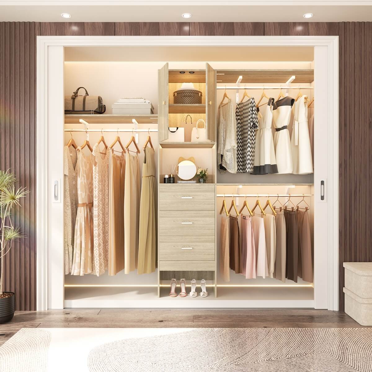 Upgraded 96 Inches Closet System, with Doors, Drawers, Hanging Rods, and Shelving Towers, Max Load 1000 LBS