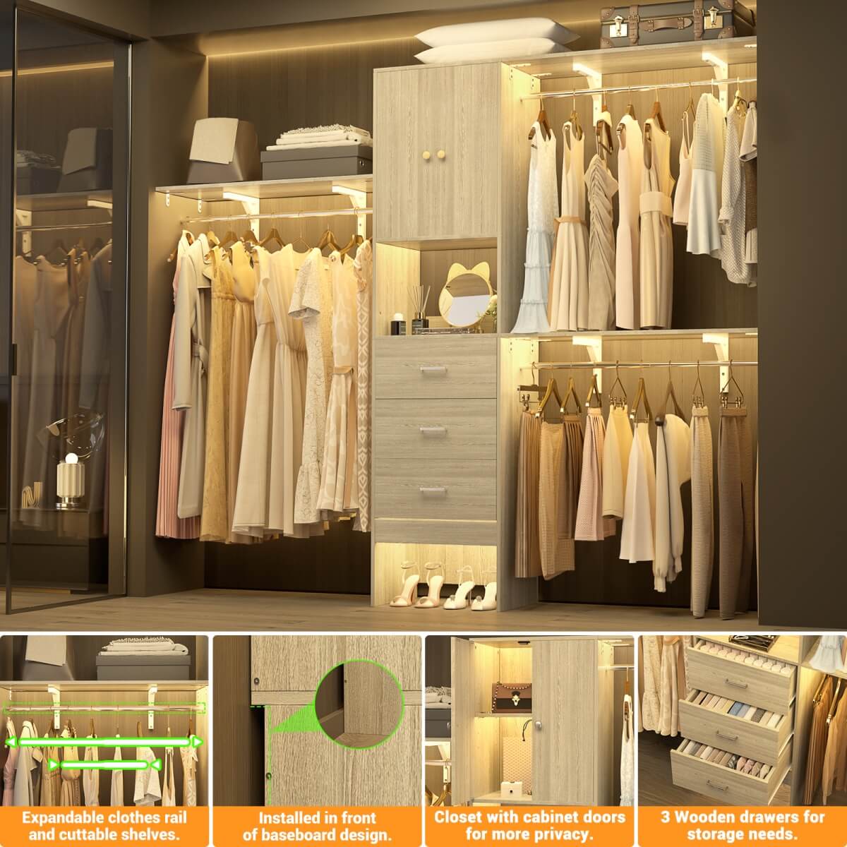 Upgraded 96 Inches Closet System, with Doors, Drawers, Hanging Rods, and Shelving Towers, Max Load 1000 LBS