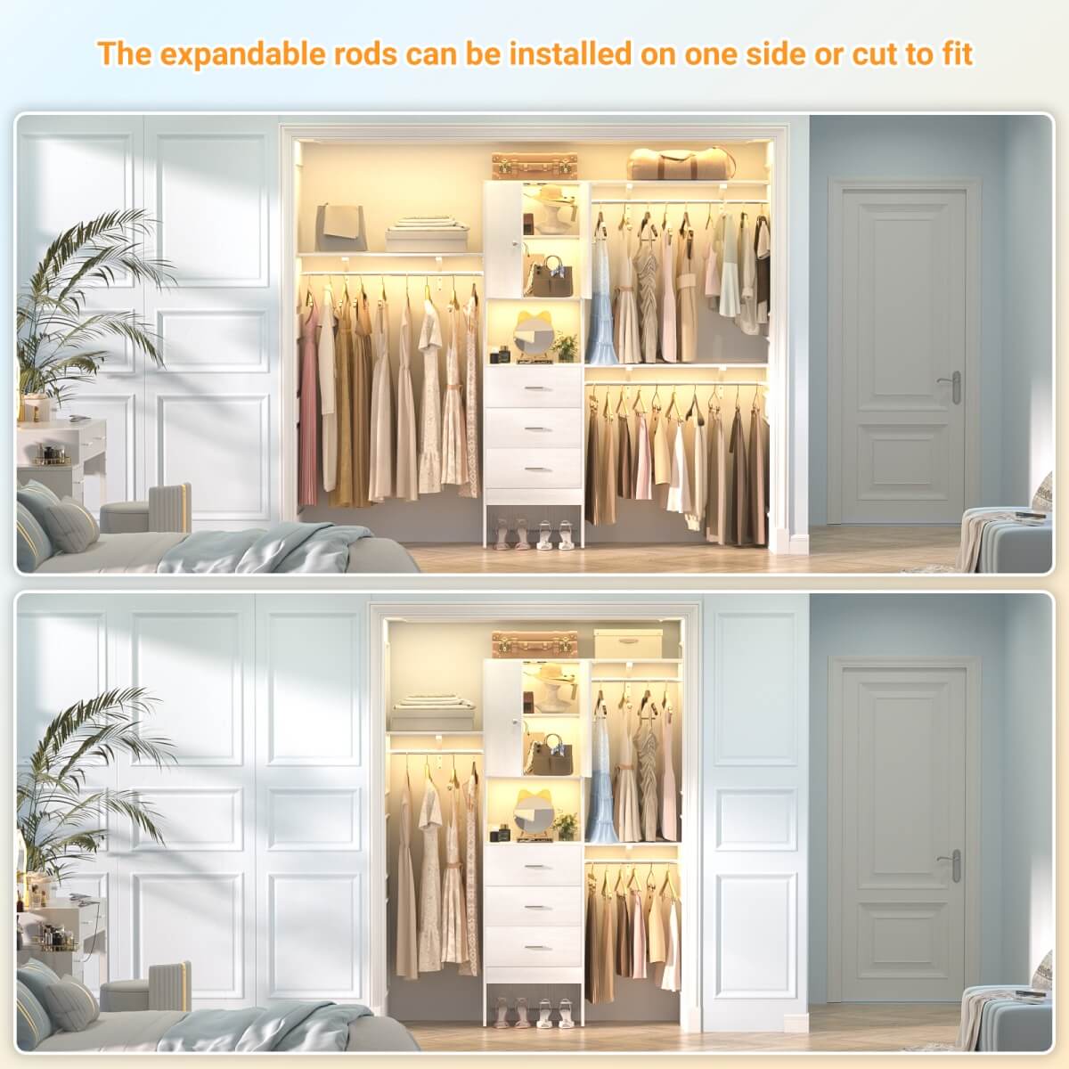 Upgraded 96 Inches Closet System, with Doors, Drawers, Hanging Rods, and Shelving Towers, Max Load 1000 LBS