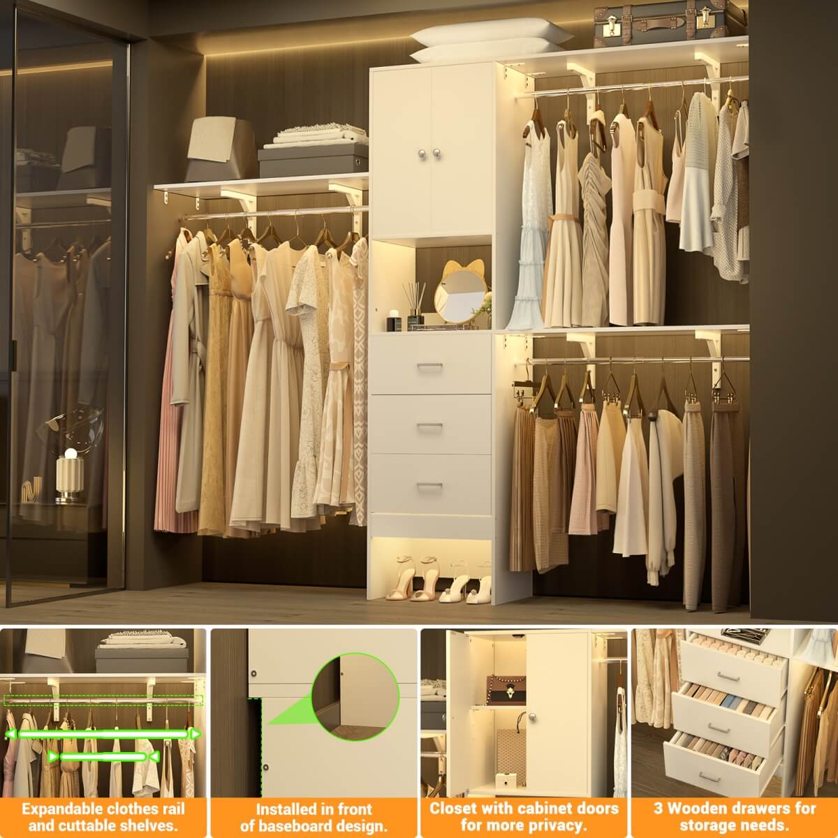 Upgraded 96 Inches Closet System, with Doors, Drawers, Hanging Rods, and Shelving Towers, Max Load 1000 LBS