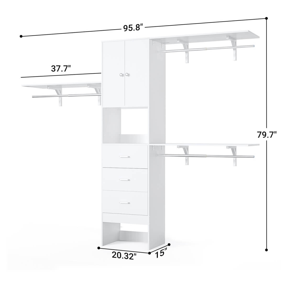 Upgraded 96 Inches Closet System, with Doors, Drawers, Hanging Rods, and Shelving Towers, Max Load 1000 LBS