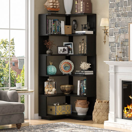 6 Tier Freestanding Corner Bookshelf Etagere Bookcase with Baffle, for Home Office, Living Room
