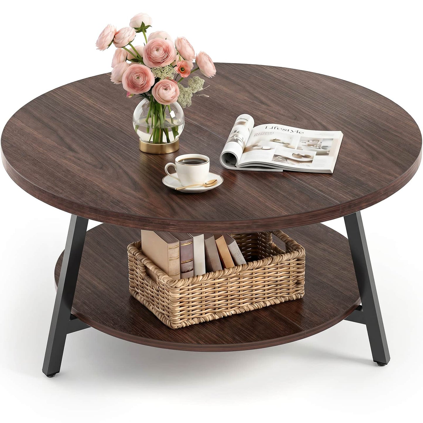 29.5" Round Coffee Table with Storage, Large Modern Wood Circle Coffee Table