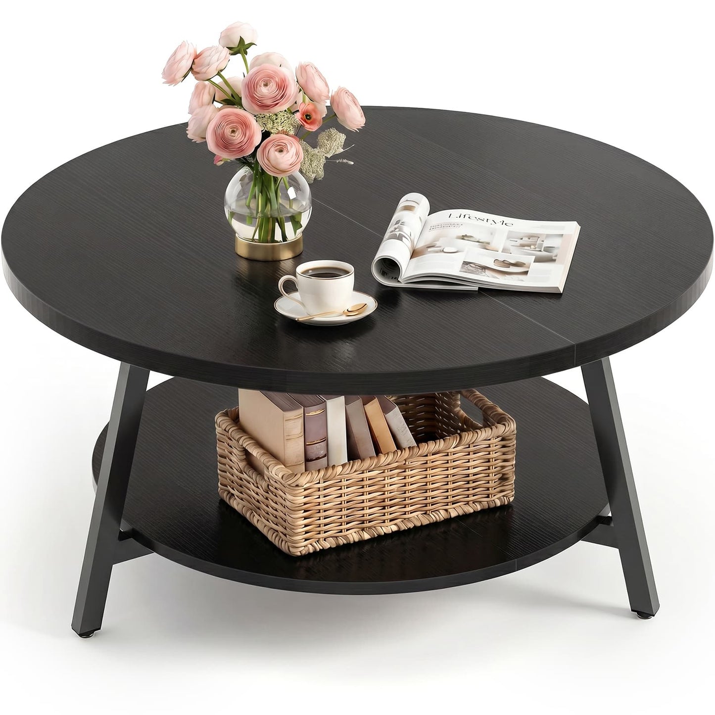 29.5" Round Coffee Table with Storage, Large Modern Wood Circle Coffee Table