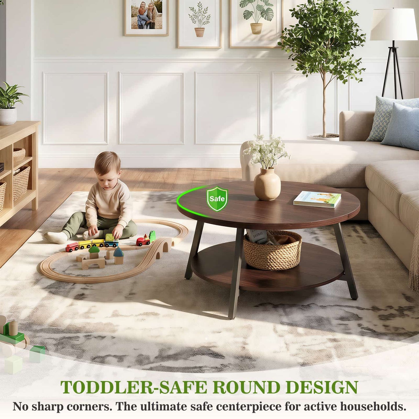 29.5" Round Coffee Table with Storage, Large Modern Wood Circle Coffee Table