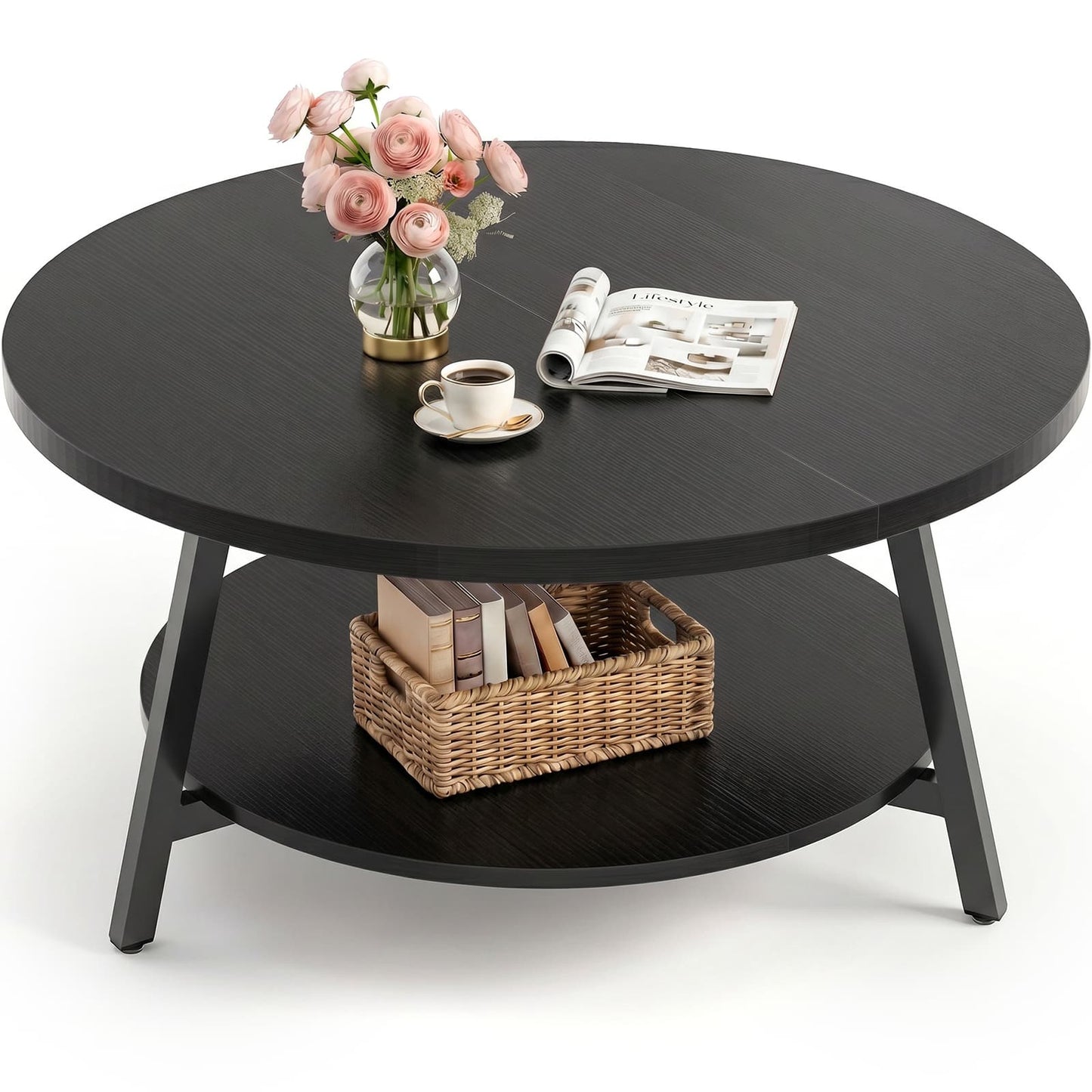 35.4" Round Coffee Table with Storage, Large Modern Wood Circle Coffee Table