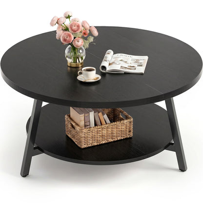 35.4" Round Coffee Table with Storage, Large Modern Wood Circle Coffee Table