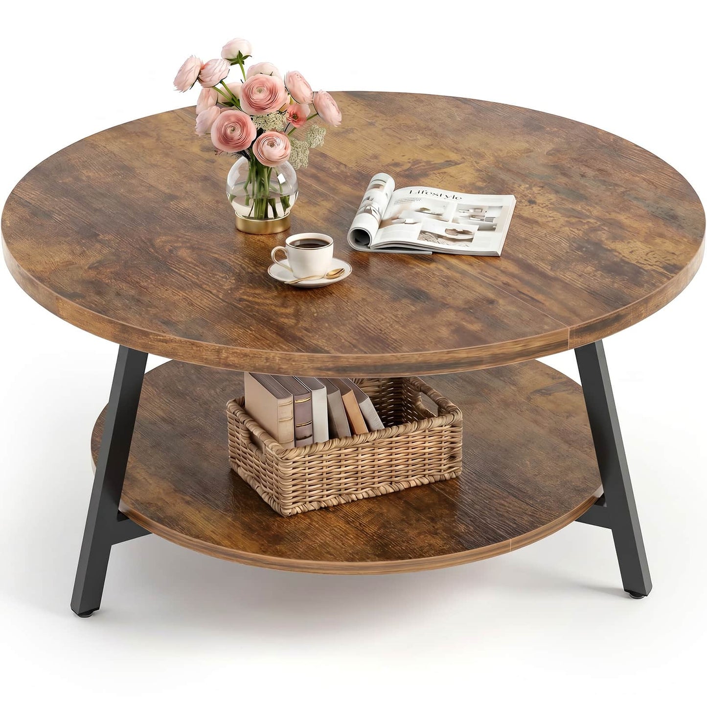 35.4" Round Coffee Table with Storage, Large Modern Wood Circle Coffee Table