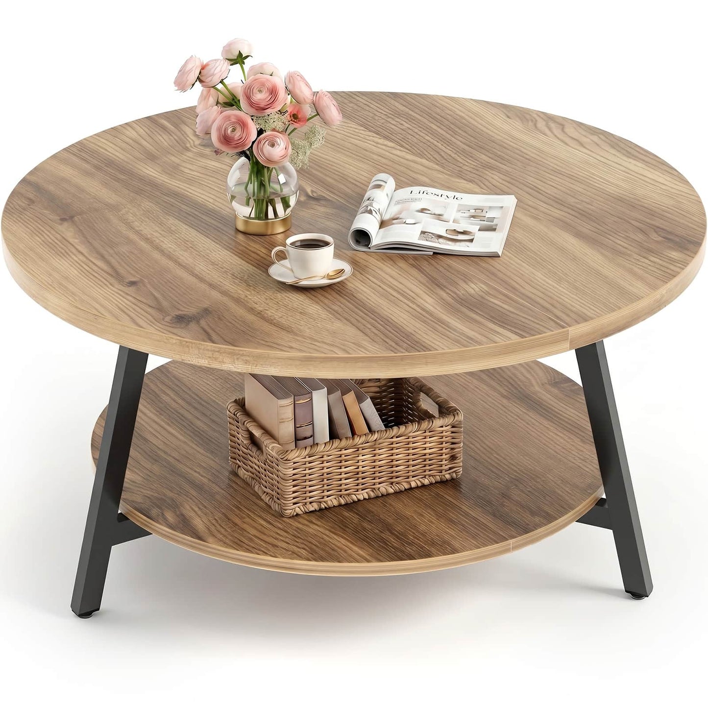 35.4" Round Coffee Table with Storage, Large Modern Wood Circle Coffee Table