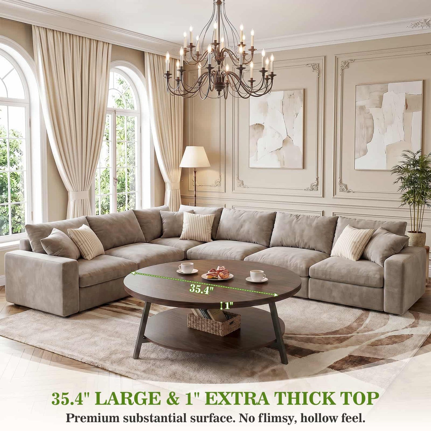 35.4" Round Coffee Table with Storage, Large Modern Wood Circle Coffee Table