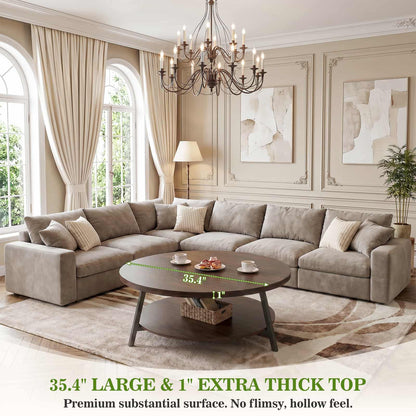 35.4" Round Coffee Table with Storage, Large Modern Wood Circle Coffee Table