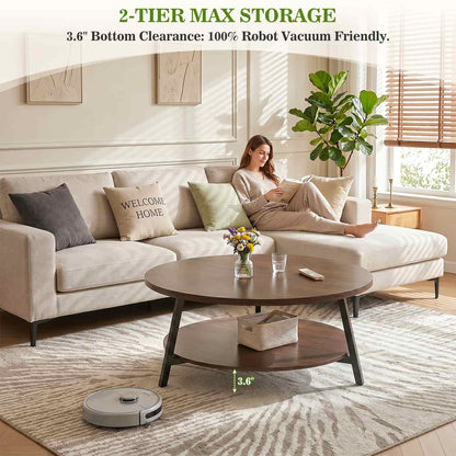 35.4" Round Coffee Table with Storage, Large Modern Wood Circle Coffee Table