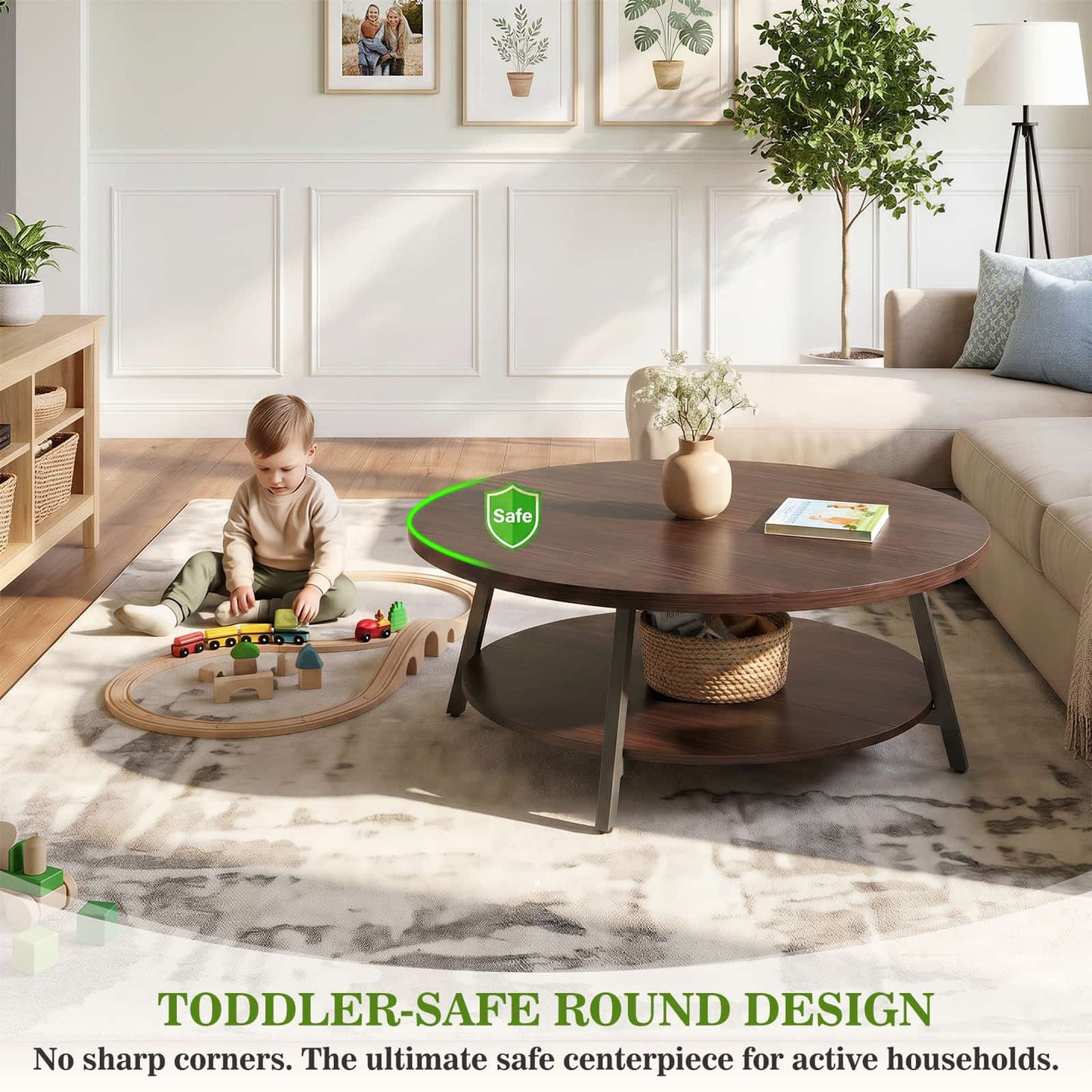 35.4" Round Coffee Table with Storage, Large Modern Wood Circle Coffee Table