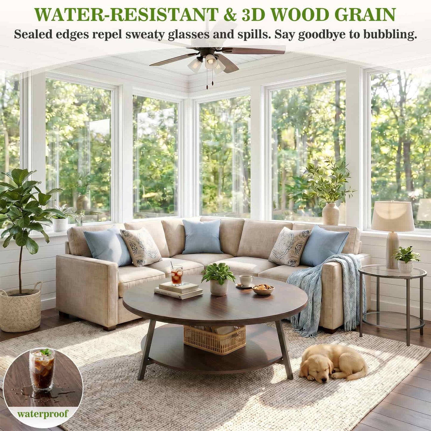 35.4" Round Coffee Table with Storage, Large Modern Wood Circle Coffee Table