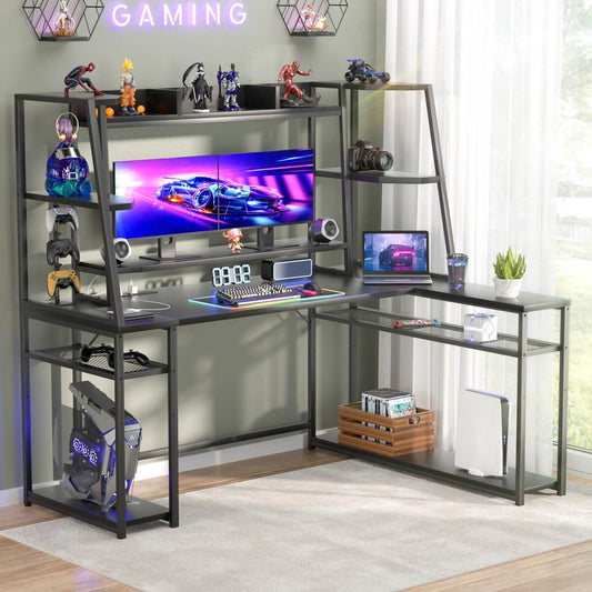 63'' Large L Shaped Gaming Desk with LED Lights & Power Strips, Reversible
