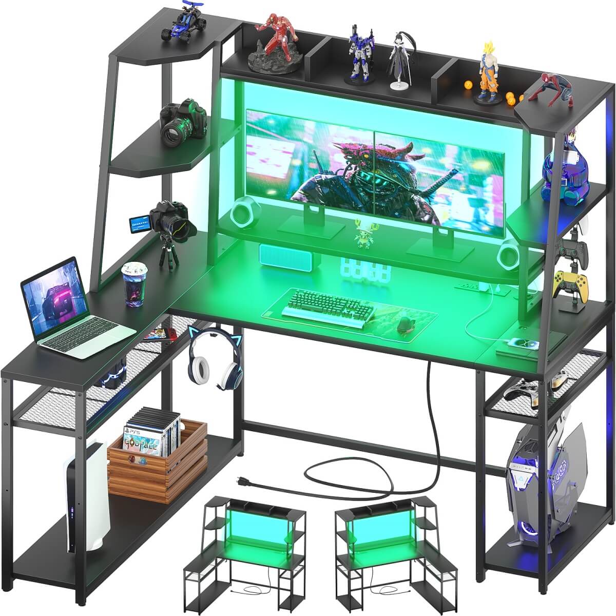 63'' Large L Shaped Gaming Desk with LED Lights & Power Strips, Reversible