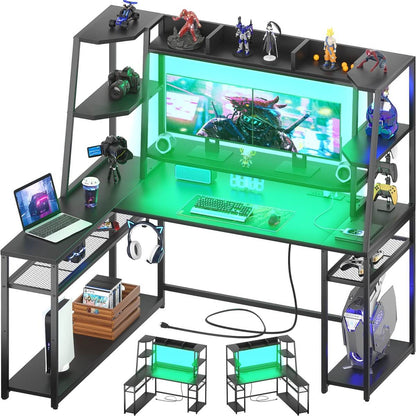 63'' Large L Shaped Gaming Desk with LED Lights & Power Strips, Reversible