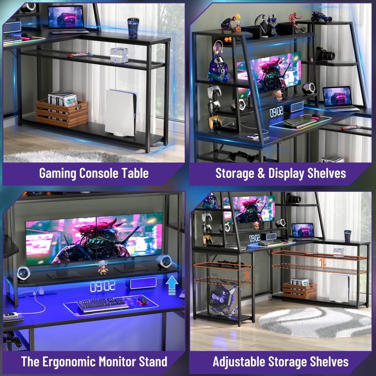 63'' Large L Shaped Gaming Desk with LED Lights & Power Strips, Reversible
