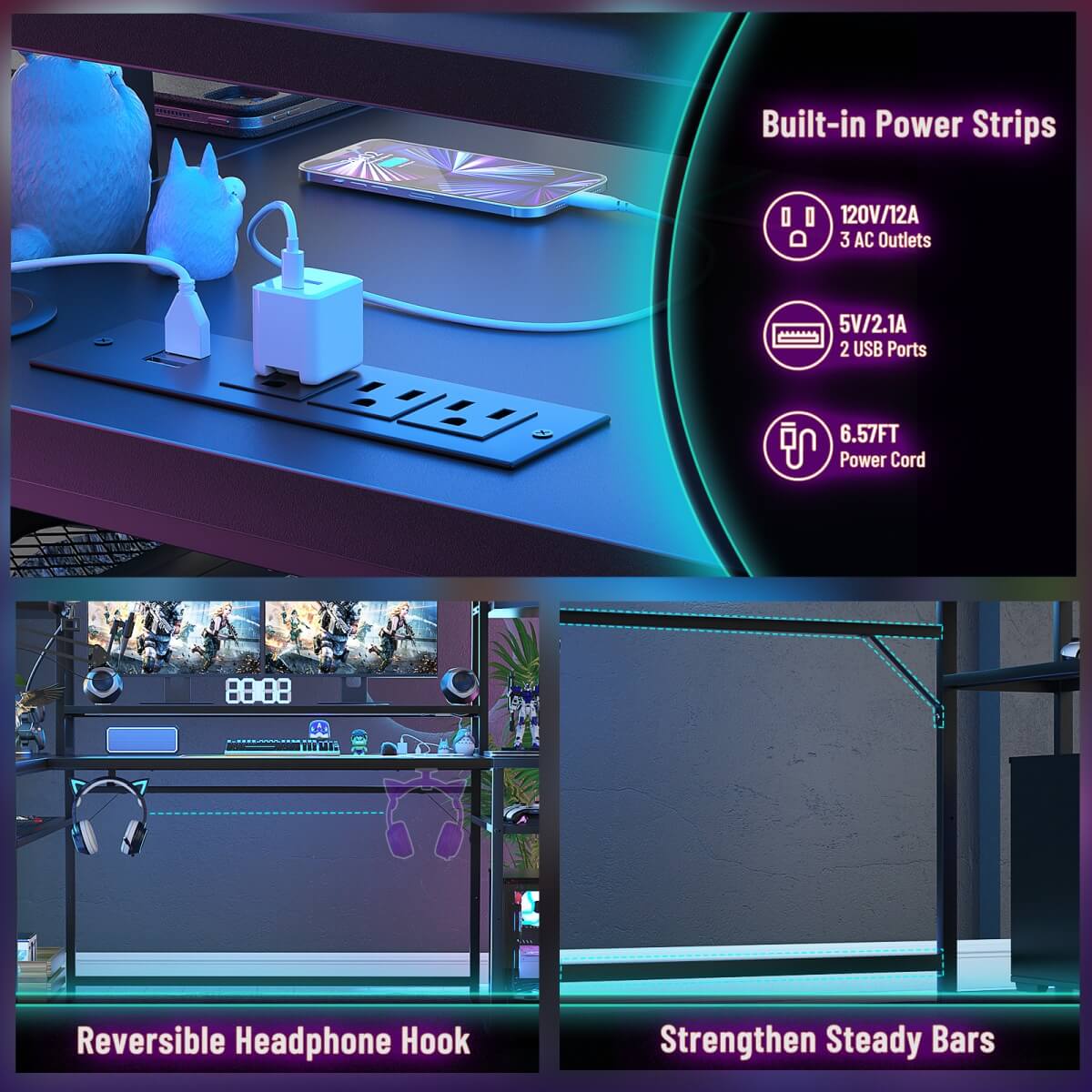 63'' Large L Shaped Gaming Desk with LED Lights & Power Strips, Reversible