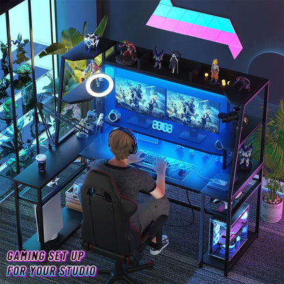 63'' Large L Shaped Gaming Desk with LED Lights & Power Strips, Reversible