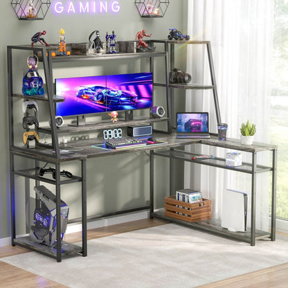 63'' Large L Shaped Gaming Desk with LED Lights & Power Strips, Reversible