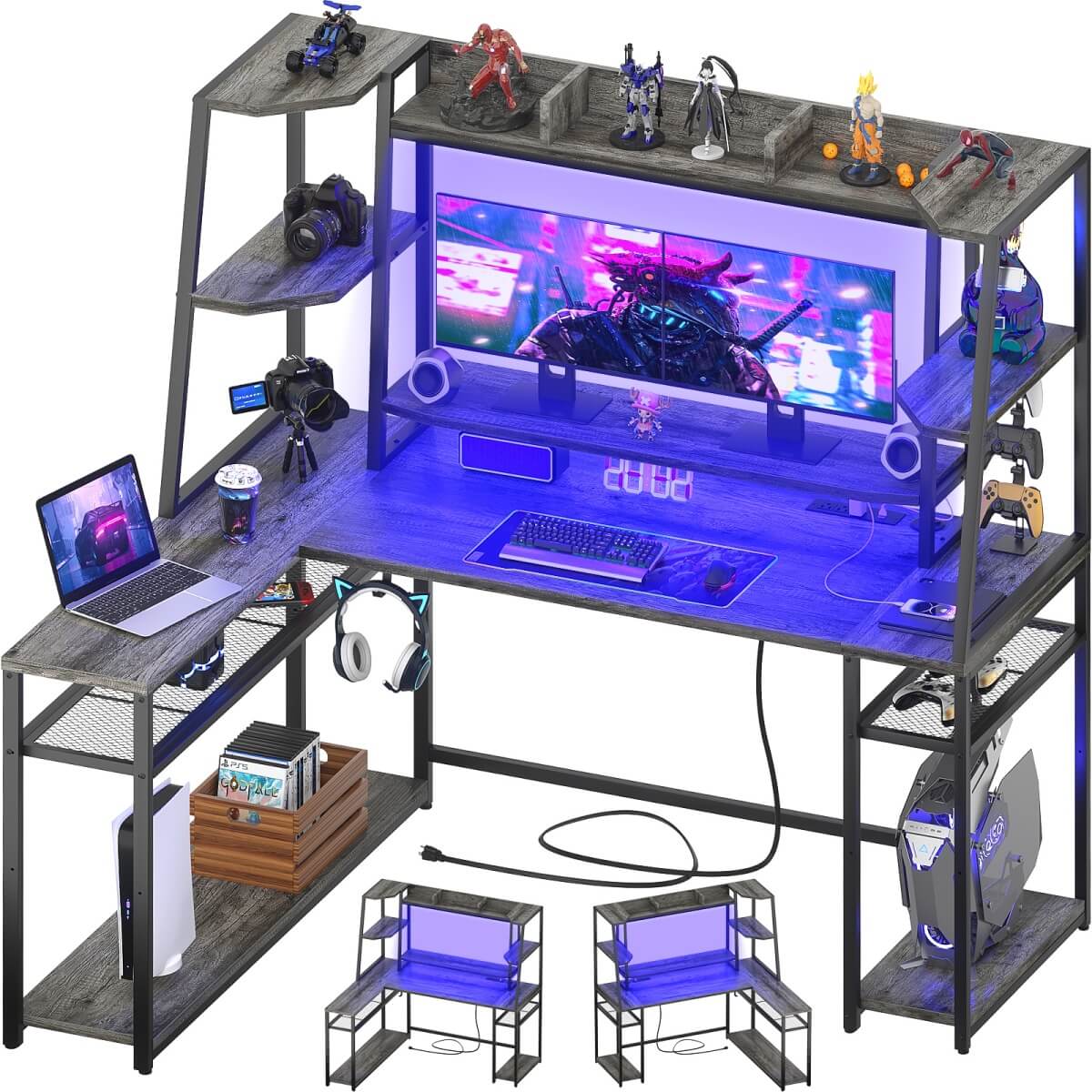 63'' Large L Shaped Gaming Desk with LED Lights & Power Strips, Reversible