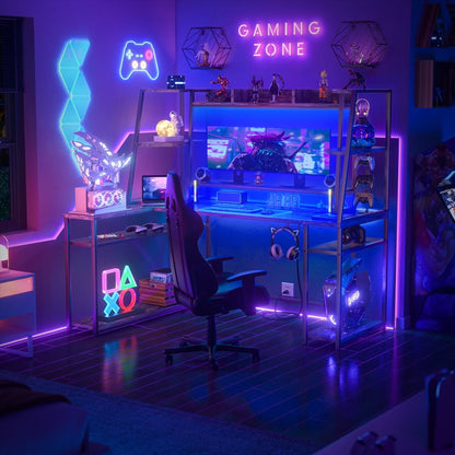 63'' Large L Shaped Gaming Desk with LED Lights & Power Strips, Reversible