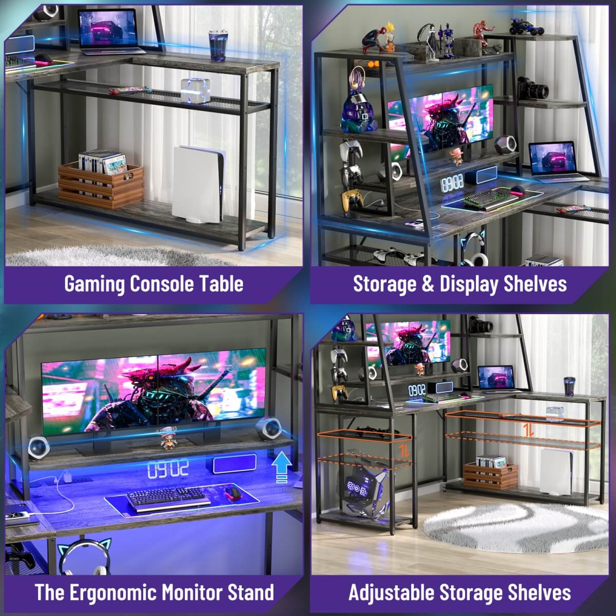 63'' Large L Shaped Gaming Desk with LED Lights & Power Strips, Reversible