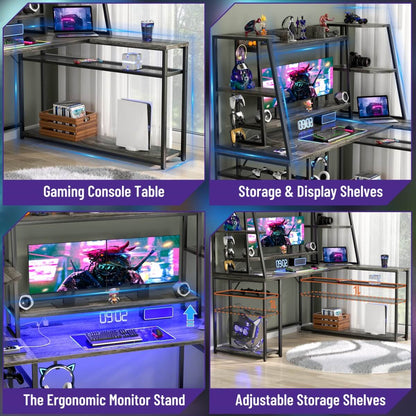 63'' Large L Shaped Gaming Desk with LED Lights & Power Strips, Reversible