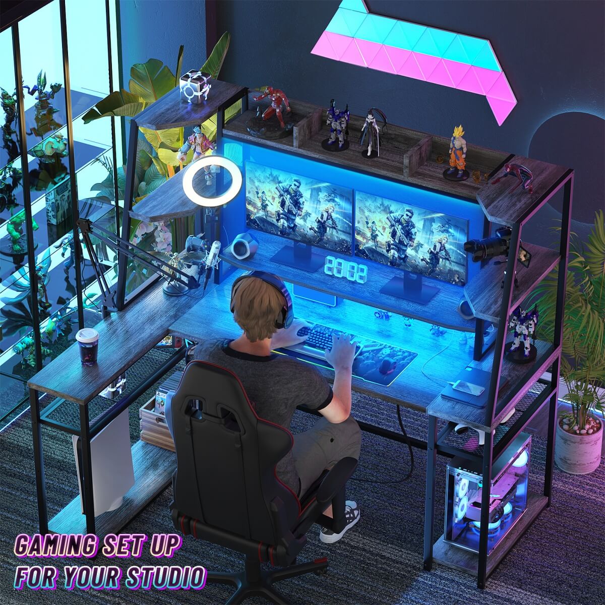 63'' Large L Shaped Gaming Desk with LED Lights & Power Strips, Reversible