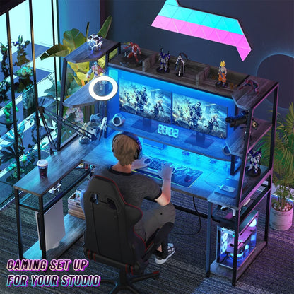 63'' Large L Shaped Gaming Desk with LED Lights & Power Strips, Reversible