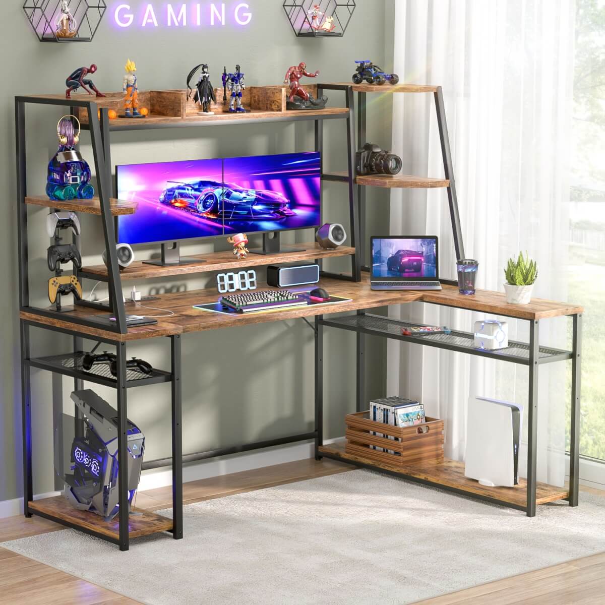 63'' Large L Shaped Gaming Desk with LED Lights & Power Strips, Reversible