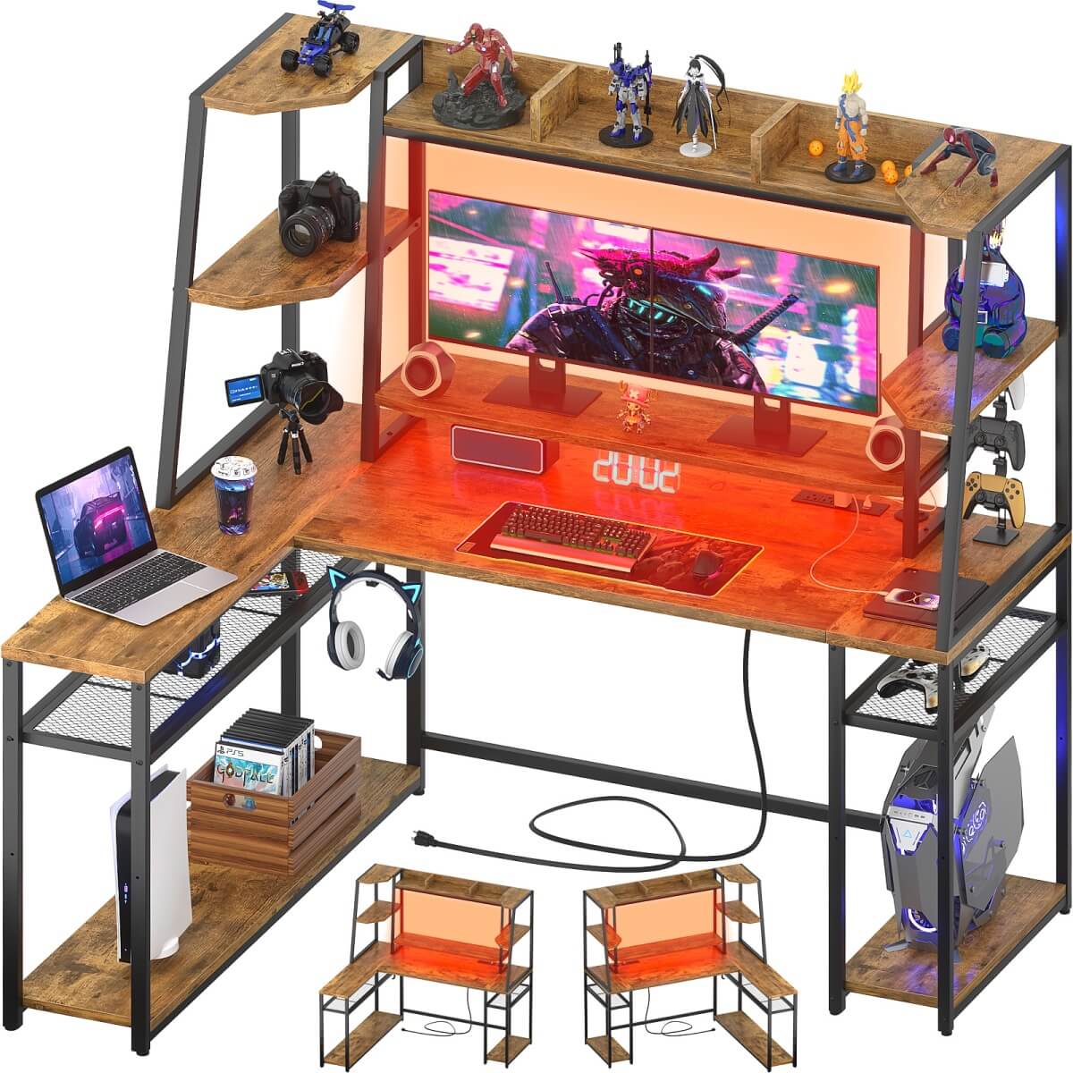 63'' Large L Shaped Gaming Desk with LED Lights & Power Strips, Reversible